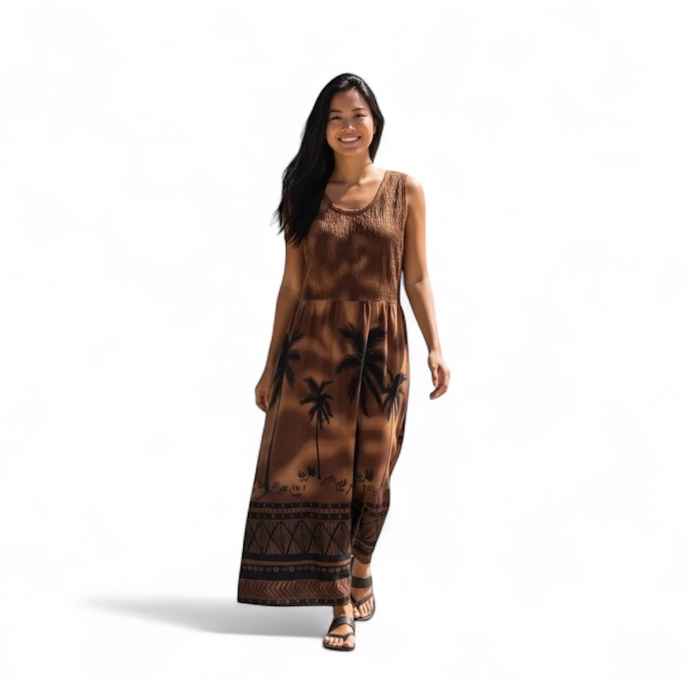 R&K Womenโs Boho Rayon Island Dress. Dark/Light Brown Palm Tree Sunset Dress 10P